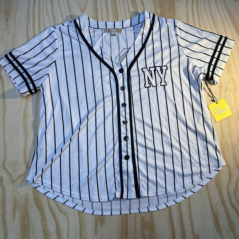 Cult Favorite Women's NY Pinstripe Button Up Baseball Jersey Shirt White Size 2X